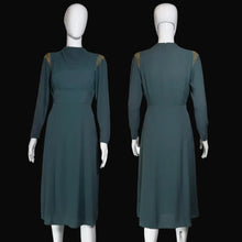 Load image into Gallery viewer, Green dress on a mannequin with gold accents, shown from front and back views.