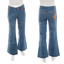 Load image into Gallery viewer, 1970's Jandy Leather Trimmed Flared Jeans Size 34