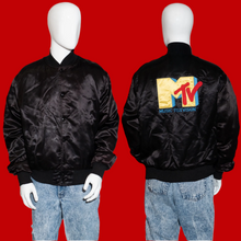 Load image into Gallery viewer, Black satin jacket with MTV logo on a mannequin against a white background
