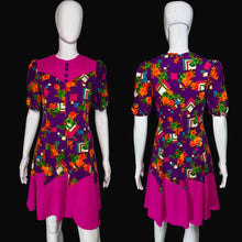 Load image into Gallery viewer, Colorful dress with floral and geometric pattern on a mannequin