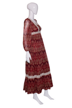 Load image into Gallery viewer, 1970's Sheer Maroon and Tan Paisley Prairie Maxi Dress Size S