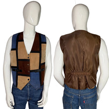 Load image into Gallery viewer, Mannequin wearing a patchwork vest with brown, blue, and beige colors on a plain background.