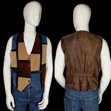 Load image into Gallery viewer, Mannequin wearing a patchwork vest with brown, blue, and beige colors on a plain background.