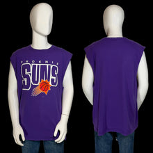 Load image into Gallery viewer, A purple Phoenix Suns sleeveless graphic T-shirt shown on a white mannequin from both front and back views. The front features the team logo in white and orange, and the back is solid purple.