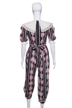 Load image into Gallery viewer, 1980's Black and Pink Floral Coquette Cotton Jumpsuit Size S/M