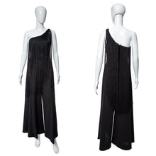 Load image into Gallery viewer, 1970's Black One Shoulder Fringe Detail Jumpsuit Size S