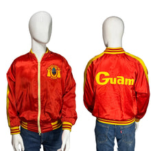 Load image into Gallery viewer, Red satin jacket with yellow accents featuring 'Guam' text on a mannequin