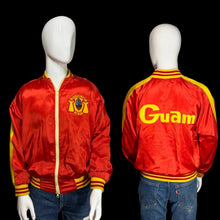 Load image into Gallery viewer, Red satin jacket with yellow accents featuring 'Guam' text on a mannequin