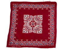Load image into Gallery viewer, Red bandana with white and blue patterns on a white background
