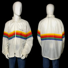 Load image into Gallery viewer, A white windbreaker jacket with a bold rainbow stripe across the chest and upper back, shown on a white mannequin from both front and back views.