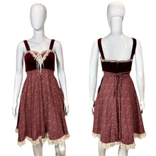 Load image into Gallery viewer, 1970's Maroon Velvet & Cotton Gunne Sax Dress Size XS