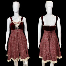 Load image into Gallery viewer, 1970s Maroon Velvet & Cotton Gunne Sax by Jessica Dress Size XS