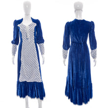 Load image into Gallery viewer, 1970's Blue Crushed Velvet and White Lace Prairie Dress Size M
