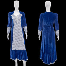 Load image into Gallery viewer, 1970s Blue Crushed Velvet & Lace Prairie Dress – Size M