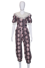 Load image into Gallery viewer, 1980's Black and Pink Floral Coquette Cotton Jumpsuit Size S/M