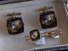 Load image into Gallery viewer, 1970's Shell With Pearl In Resin Tie Clip & Cufflink Set