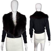 Load image into Gallery viewer, Black cardigan with fur collar on a mannequin against a neutral background