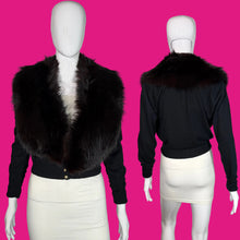 Load image into Gallery viewer, Black cardigan with fur collar on a mannequin against a neutral background