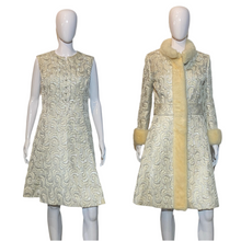 Load image into Gallery viewer, 1960's Silver and White Mink Trimmed Brocade Dress/Coat Combo - Size L