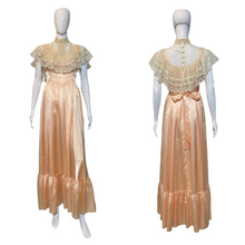 Load image into Gallery viewer, 1970's Peach Satin and Lace Gunne Sax Maxi Dress Size S