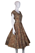 Load image into Gallery viewer, 1950's Floral Taffeta Party Dress with Rhinestones Size M