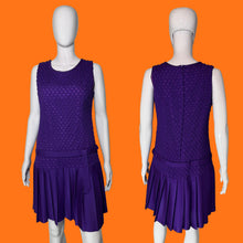 Load image into Gallery viewer, A sleeveless purple dress displayed on a white mannequin, showing both front and back views.
