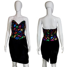 Load image into Gallery viewer, Black dress with colorful sequin top on a mannequin against a plain background