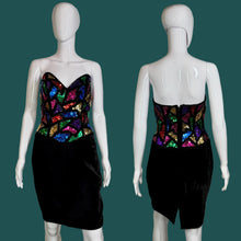 Load image into Gallery viewer, Black dress with colorful sequin top on a mannequin against a plain background