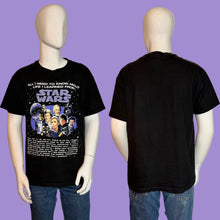 Load image into Gallery viewer, Black t-shirt with Star Wars graphic and text on a mannequin, shown from front and back.