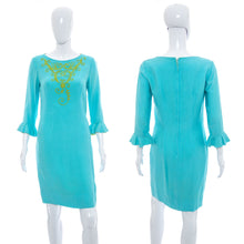 Load image into Gallery viewer, 1960's Julie Miller Aqua and Lime Embroidered Dress Size S/M