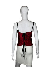 Load image into Gallery viewer, White mannequin wearing a red corset with black laces on a gray background