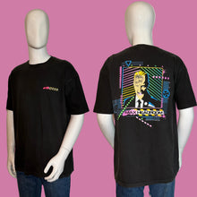 Load image into Gallery viewer, Black t-shirt with colorful graphics on a mannequin, showing front and back views.