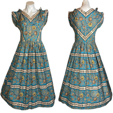 Load image into Gallery viewer, 1950's Teal Cotton All-Over Print Fit and Flare Day Dress Size M
