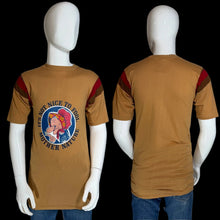 Load image into Gallery viewer, Brown t-shirt with graphic design on a mannequin against a gray background
