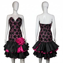 Load image into Gallery viewer, Front and back views of a mannequin wearing a black sequin and lace cocktail dress against a white background.