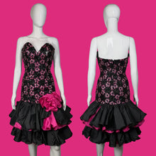 Load image into Gallery viewer, Front and back views of a mannequin wearing a black sequin and lace cocktail dress against a white background.