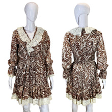 Load image into Gallery viewer, 1970's Brown and White Paisley Ruffle Mini Dress Size S/M