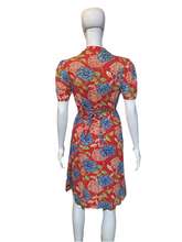 Load image into Gallery viewer, 1940's Red and Blue Rose Print Cotton Wrap Dress Size S
