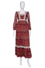 Load image into Gallery viewer, 1970's Sheer Maroon and Tan Paisley Prairie Maxi Dress Size S