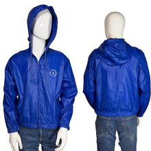 Load image into Gallery viewer, Blue jacket with a logo on a mannequin against a plain background