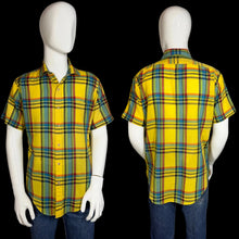 Load image into Gallery viewer, Yellow plaid shirt on a mannequin with front and back views against a neutral background