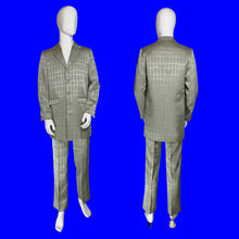 Load image into Gallery viewer, A men's two-piece suit displayed on a white mannequin, showing both front and back views. The suit is a silvery sage green with a fine windowpane plaid pattern.