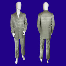 Load image into Gallery viewer, A men's two-piece suit displayed on a white mannequin, showing both front and back views. The suit is a silvery sage green with a fine windowpane plaid pattern.