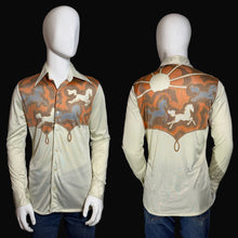 Load image into Gallery viewer, A western-style long-sleeve button-up shirt shown on a white mannequin from both front and back views. The shirt has a light cream base with a large orange-brown yoke featuring painted horses and abstract swirls, plus a white sun motif on the back.