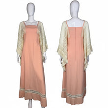 Load image into Gallery viewer, Front and back view of a pink dress with lace accents against a plain wall.