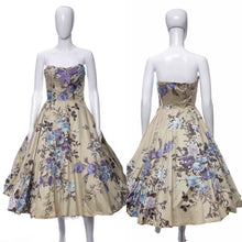 Load image into Gallery viewer, 1950's Beige, Purple and Blue All-Over Floral Print Full Skirt Strapless Party Dress Size XS