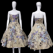 Load image into Gallery viewer, 1950s Beige, Purple and Blue All-Over Floral Print Full Skirt Strapless Party Dress Size XS