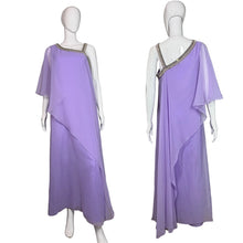 Load image into Gallery viewer, Purple evening gown with embellishments on a mannequin against a plain background