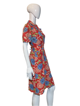 Load image into Gallery viewer, 1940's Red and Blue Rose Print Cotton Wrap Dress Size S