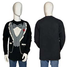 Load image into Gallery viewer, Black long sleeve tee with tuxedo design on a mannequin against a plain background